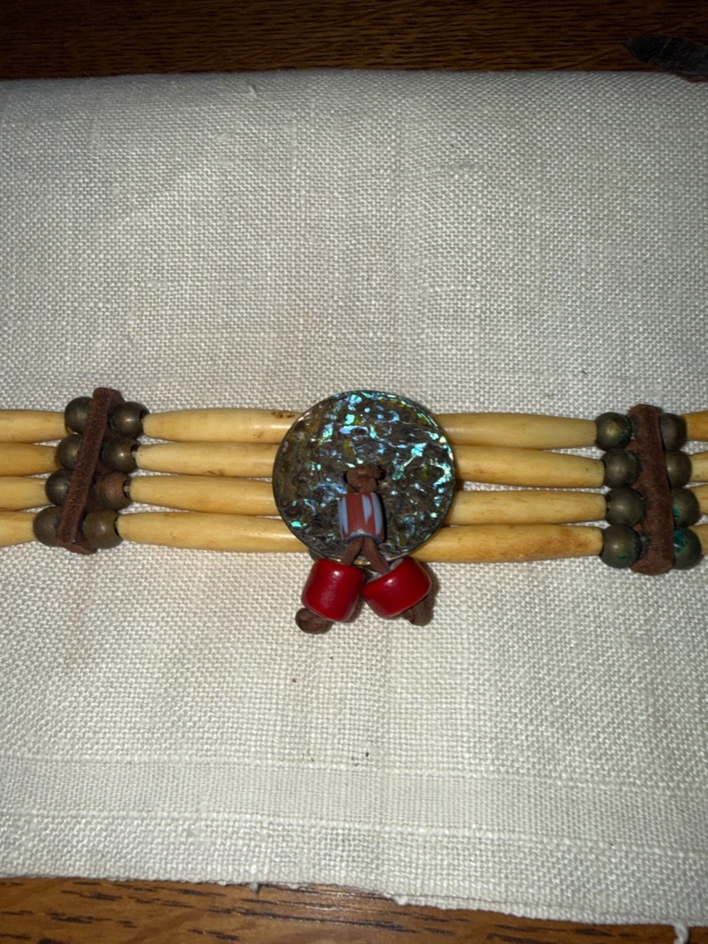 Vintage native necklace with bone, brass, leather, white heart trade beads shell